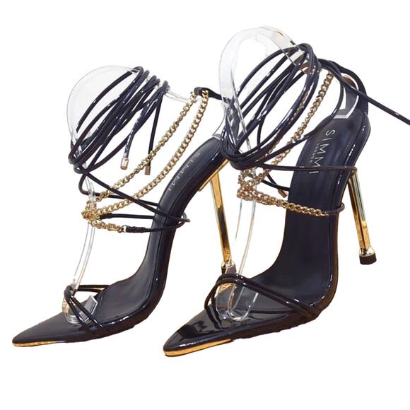 Simmi London Shoes - Simmi London Kegz-14 Patent Black Gold Chain Pointed Toe Stilettos Womens Size 7